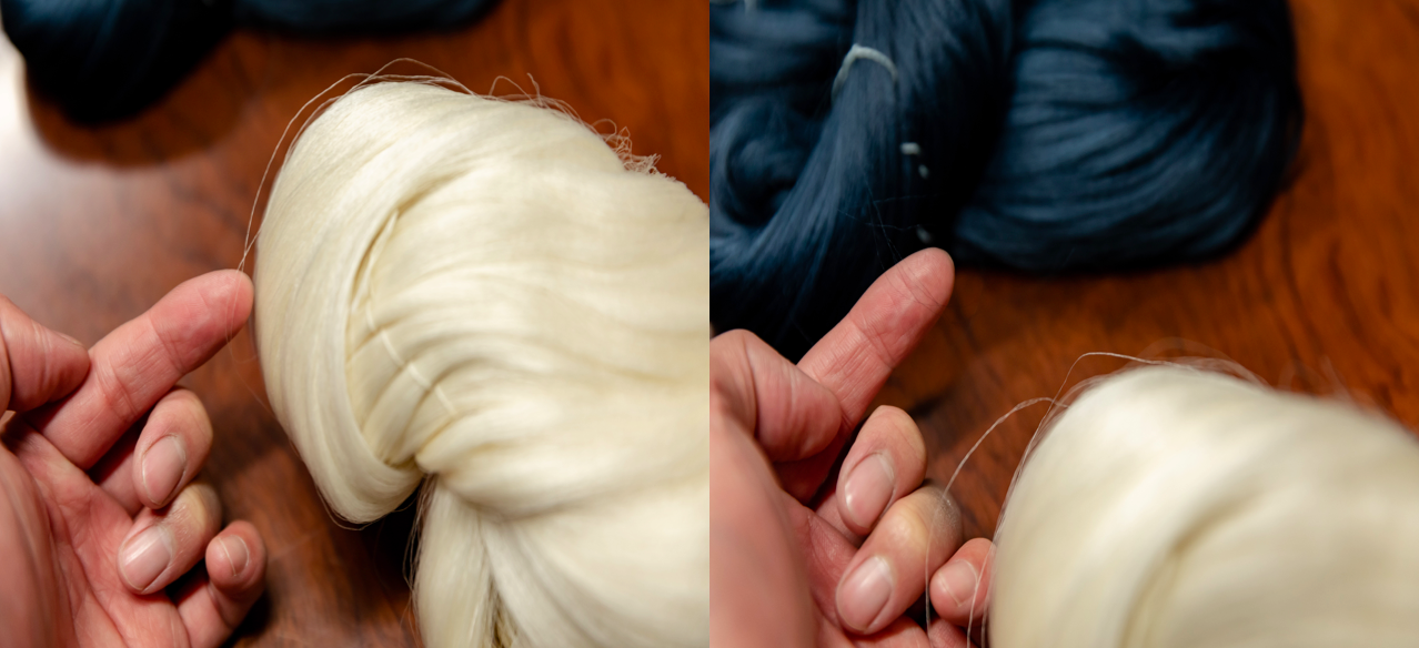 齋栄織物で使用している糸。写真左が髪の毛の1/3程度の糸。右が1/6程度の糸、人間の指紋より細く肉眼で認識するのも一苦労だった。